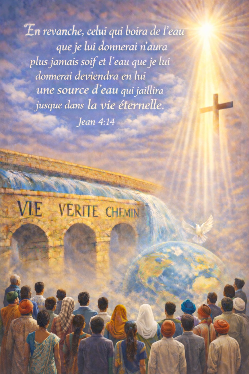Illustration de la vision de Johan : une source d’eau vive, la croix et les nations, avec le verset Jean 4:14